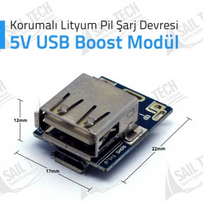 Korumalı Lityum Pil Şarj Devresi - 5V USB Boost Modül
